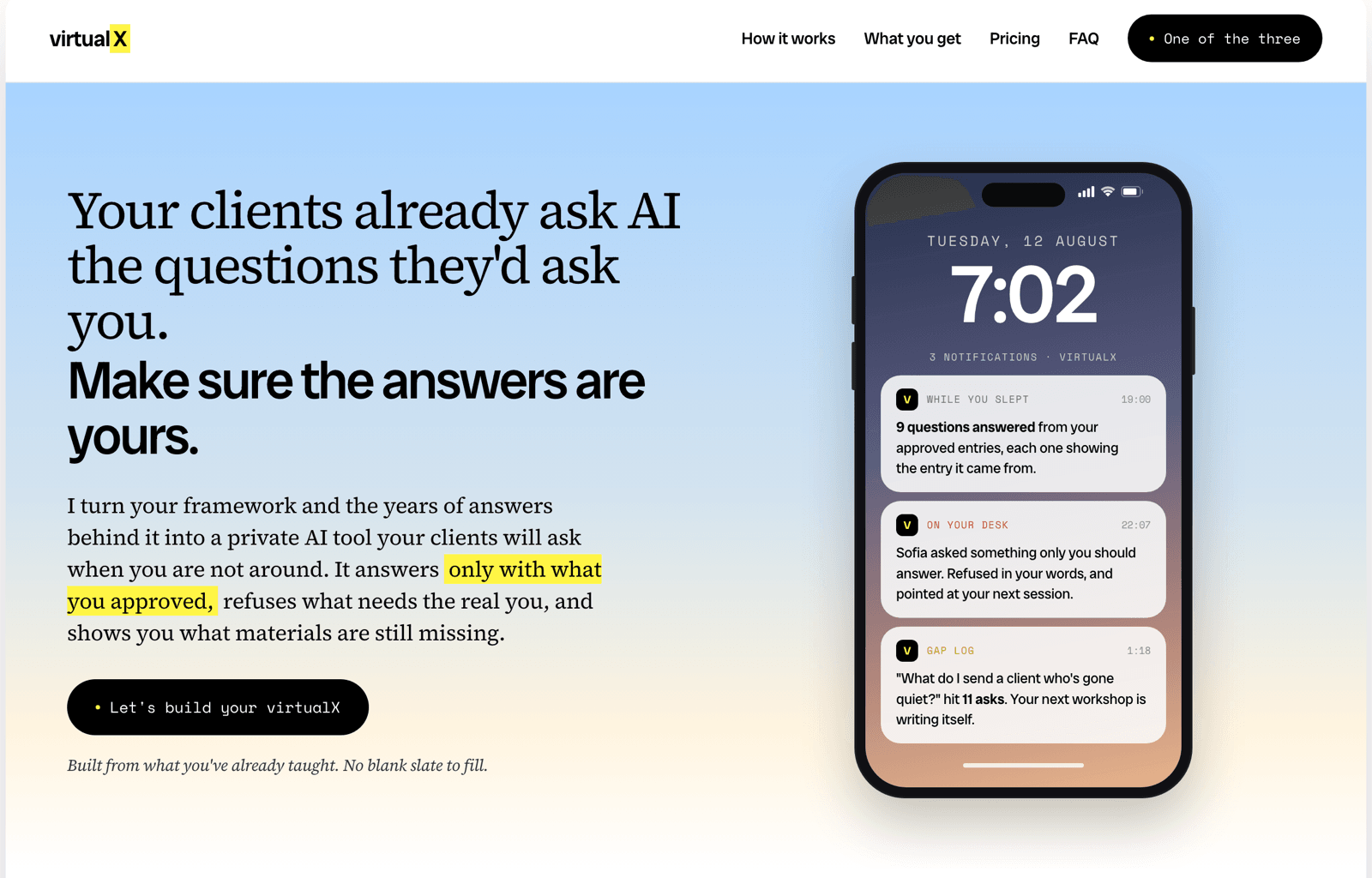 VirtualX - a phone lock screen showing three overnight notifications: questions answered from approved entries, a question refused and put on the expert's desk, and a gap log entry