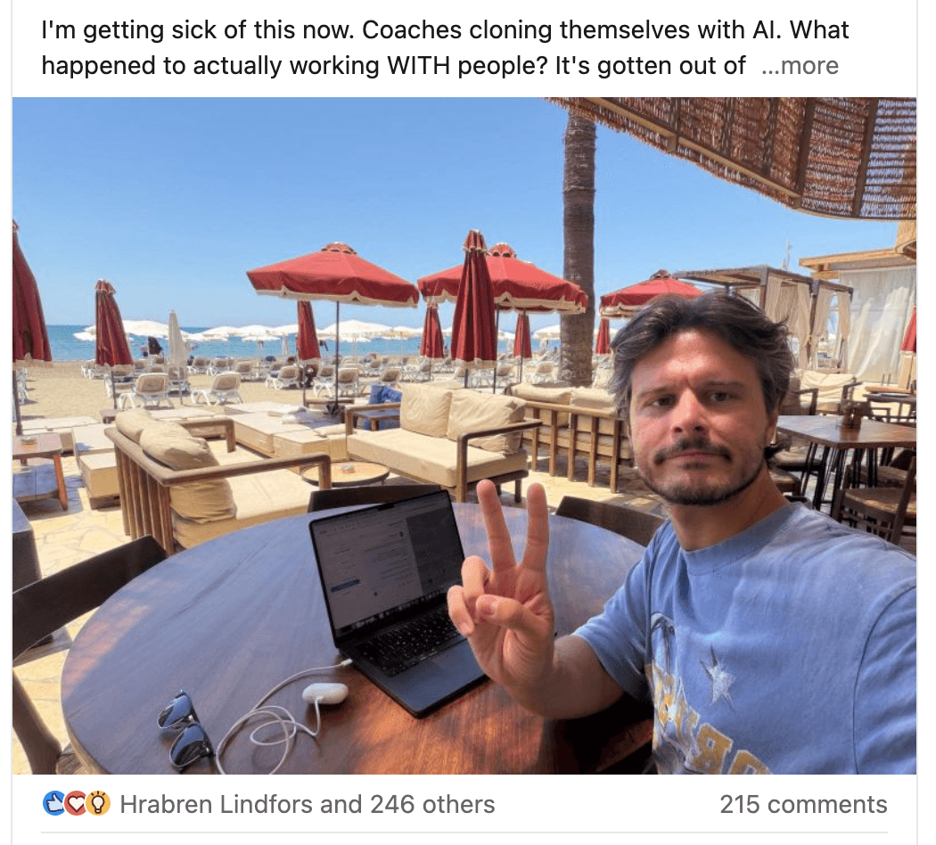 Matt Barker's LinkedIn post: I'm getting sick of this now, coaches cloning themselves with AI, what happened to actually working with people - 215 comments