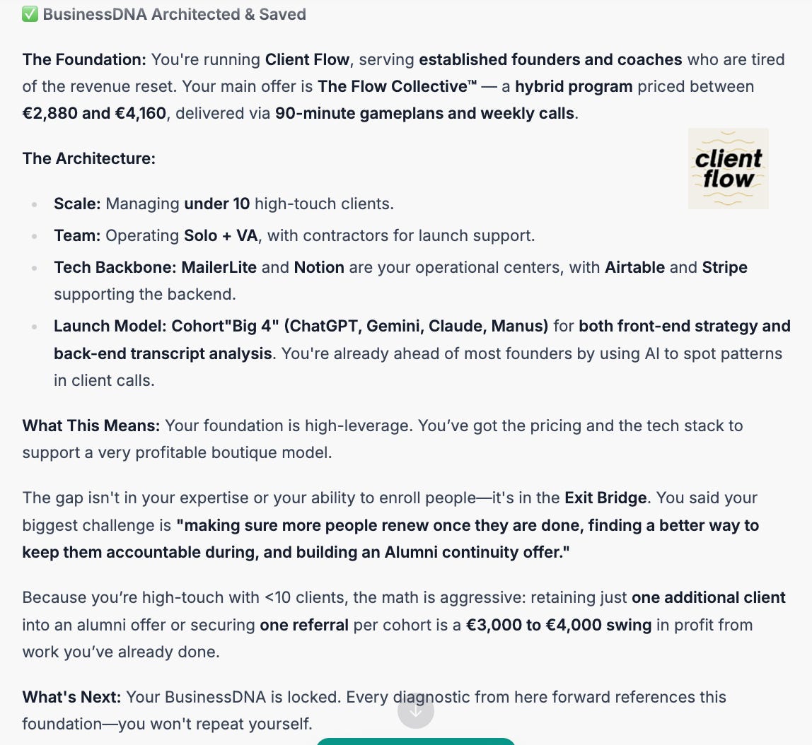 BusinessDNA demo output - business profile produced from a guided conversation