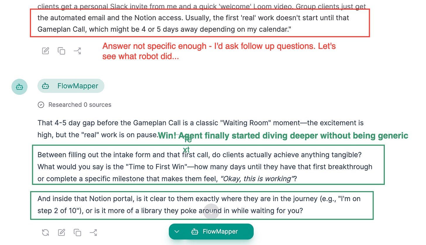 FlowMapper showing improved follow-up question behaviour after iterations