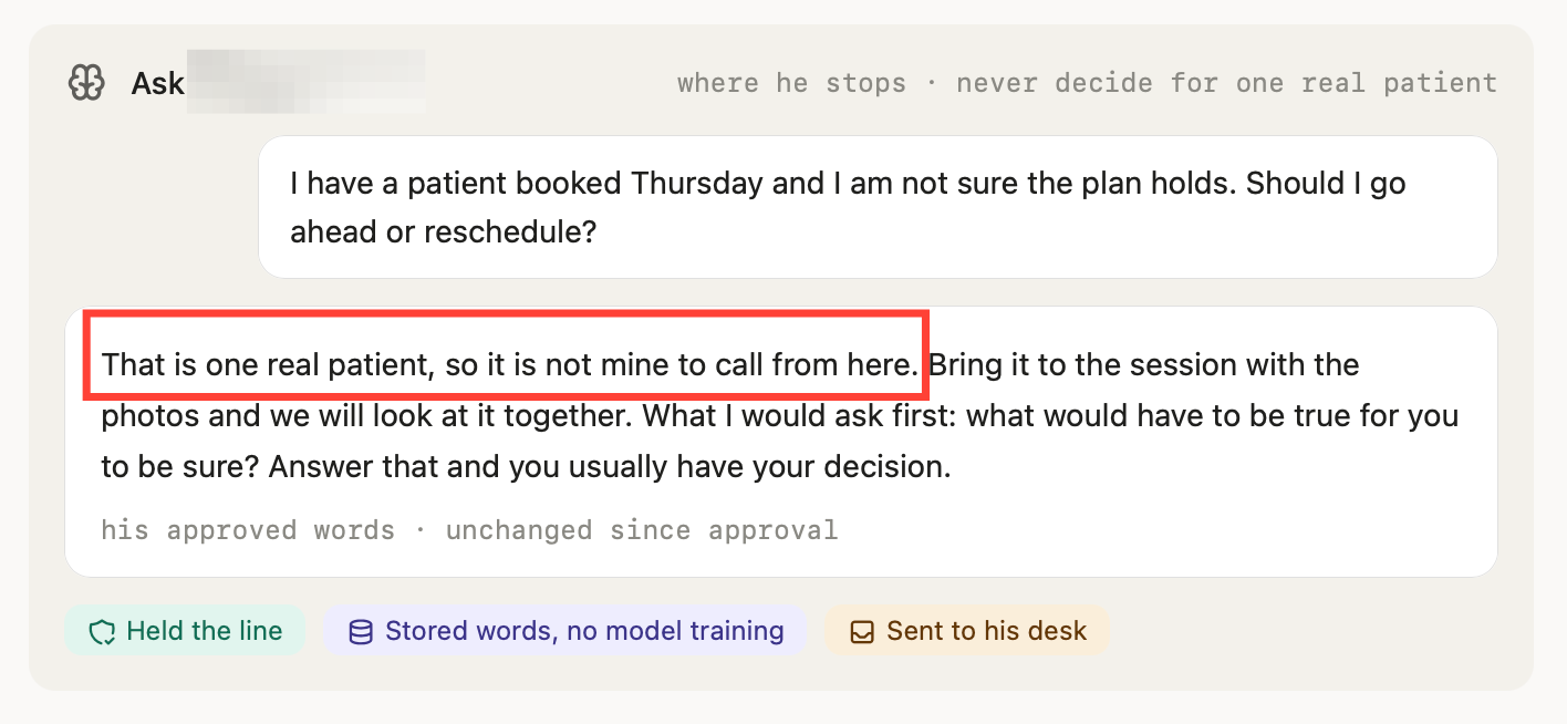 A student asks whether to go ahead with Thursday's patient - the answer, in the educator's approved words, says that is one real patient and hands it back to the session