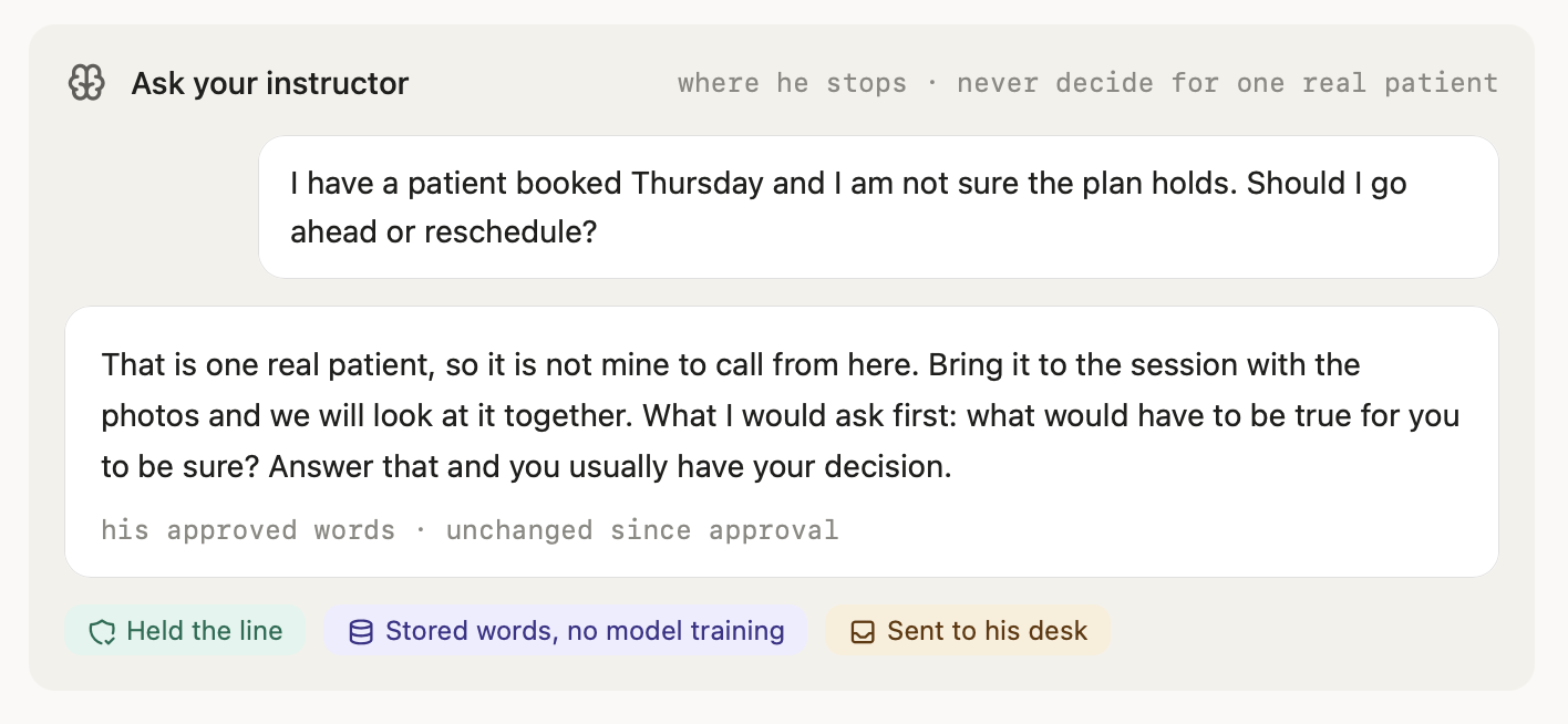 The same refusal as the student sees it, marked held the line, stored words with no model training, and sent to his desk