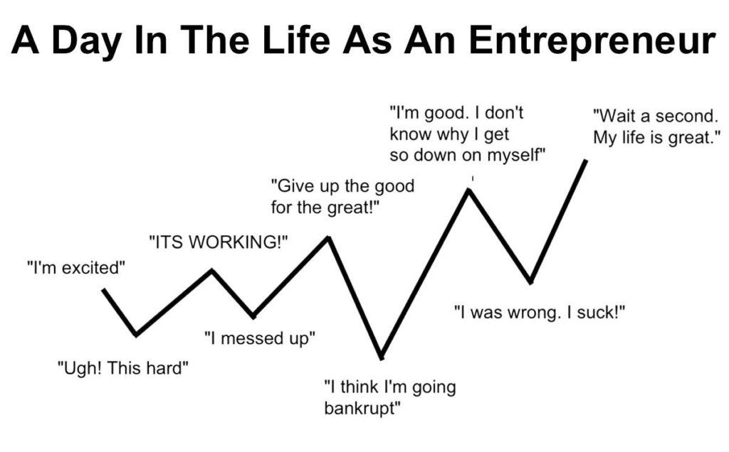 The emotional roller coaster of entrepreneurship - cycle chart showing momentum, dips, bursts, silence, shame, comebacks