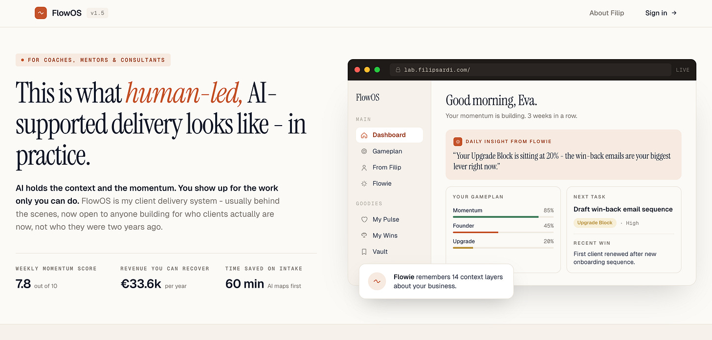 FlowOS client delivery platform dashboard - the human-led, AI-supported system Filip Sardi built from scratch
