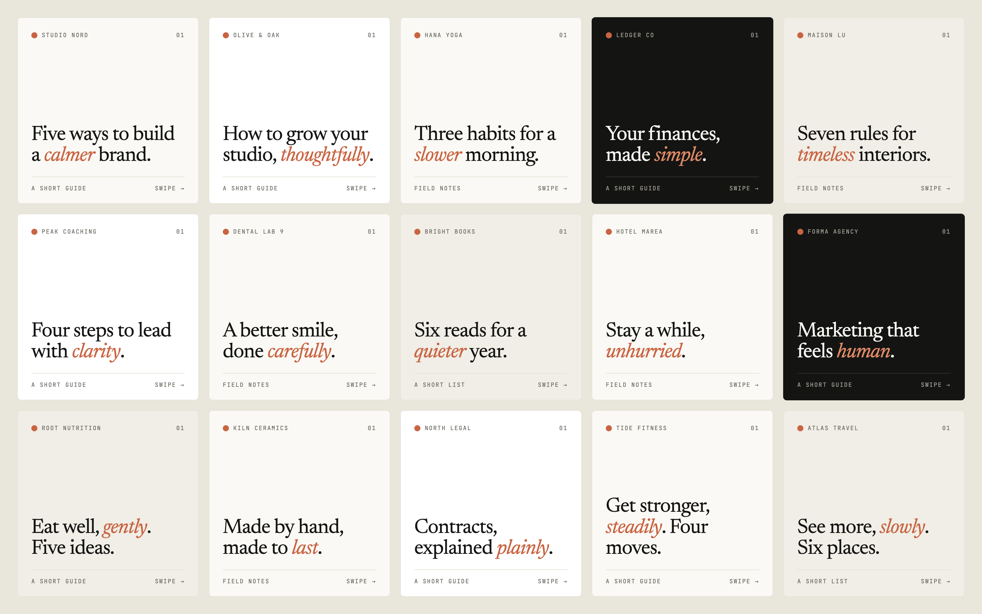 Fifteen Instagram posts from fifteen different made-up brands, a yoga studio, a law firm, a dental lab, all in the identical cream-and-serif look with one italic orange word