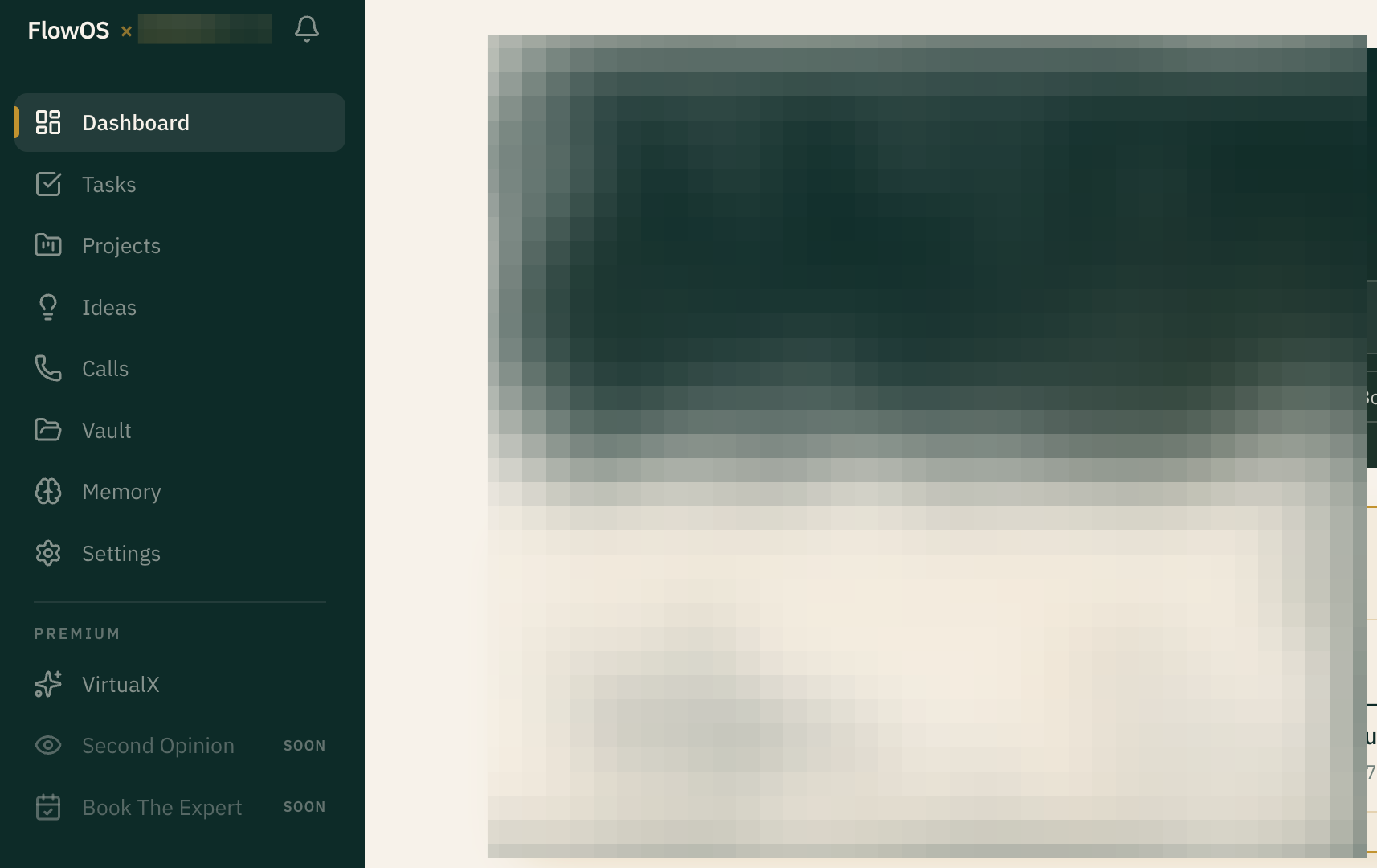FlowOS Private dashboard with the project content blurred - the platform he had to leave Claude to reach