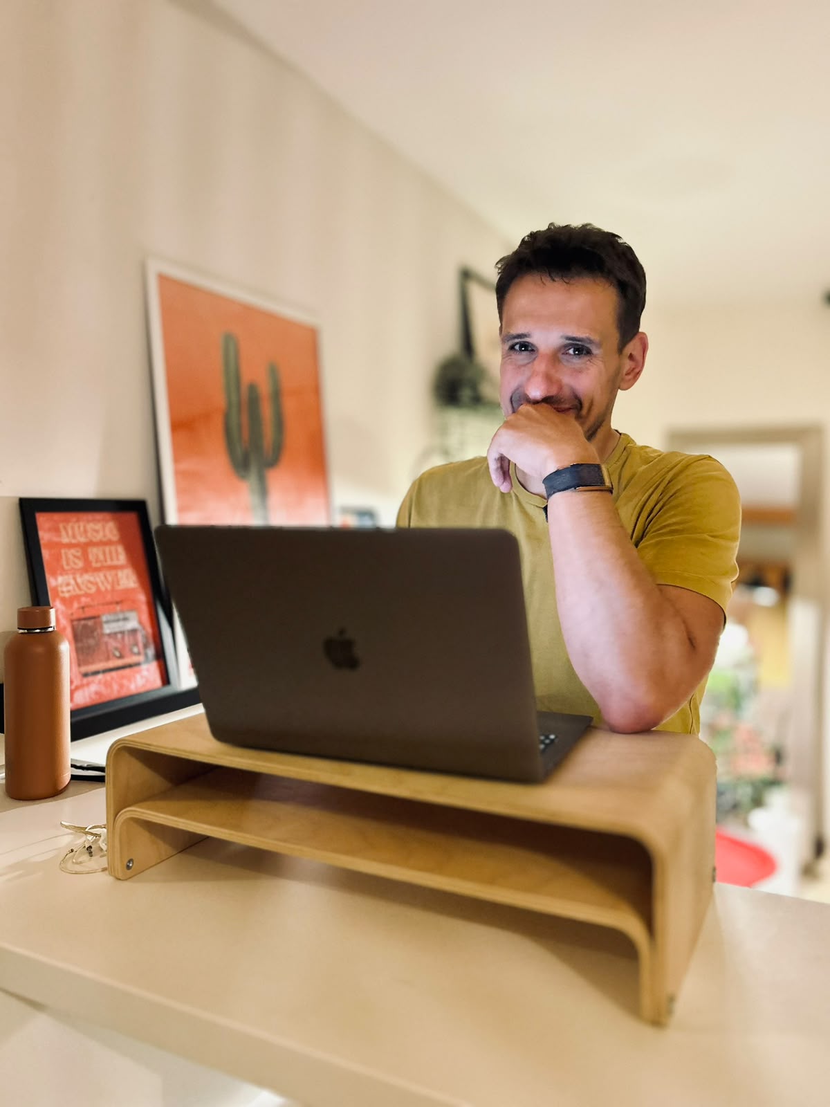 Filip Sardi at the standing desk, thinking through the question
