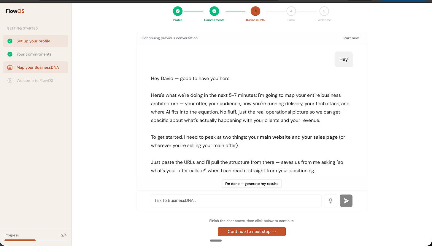 BusinessDNA AI diagnostic agent interface in conversation with a client