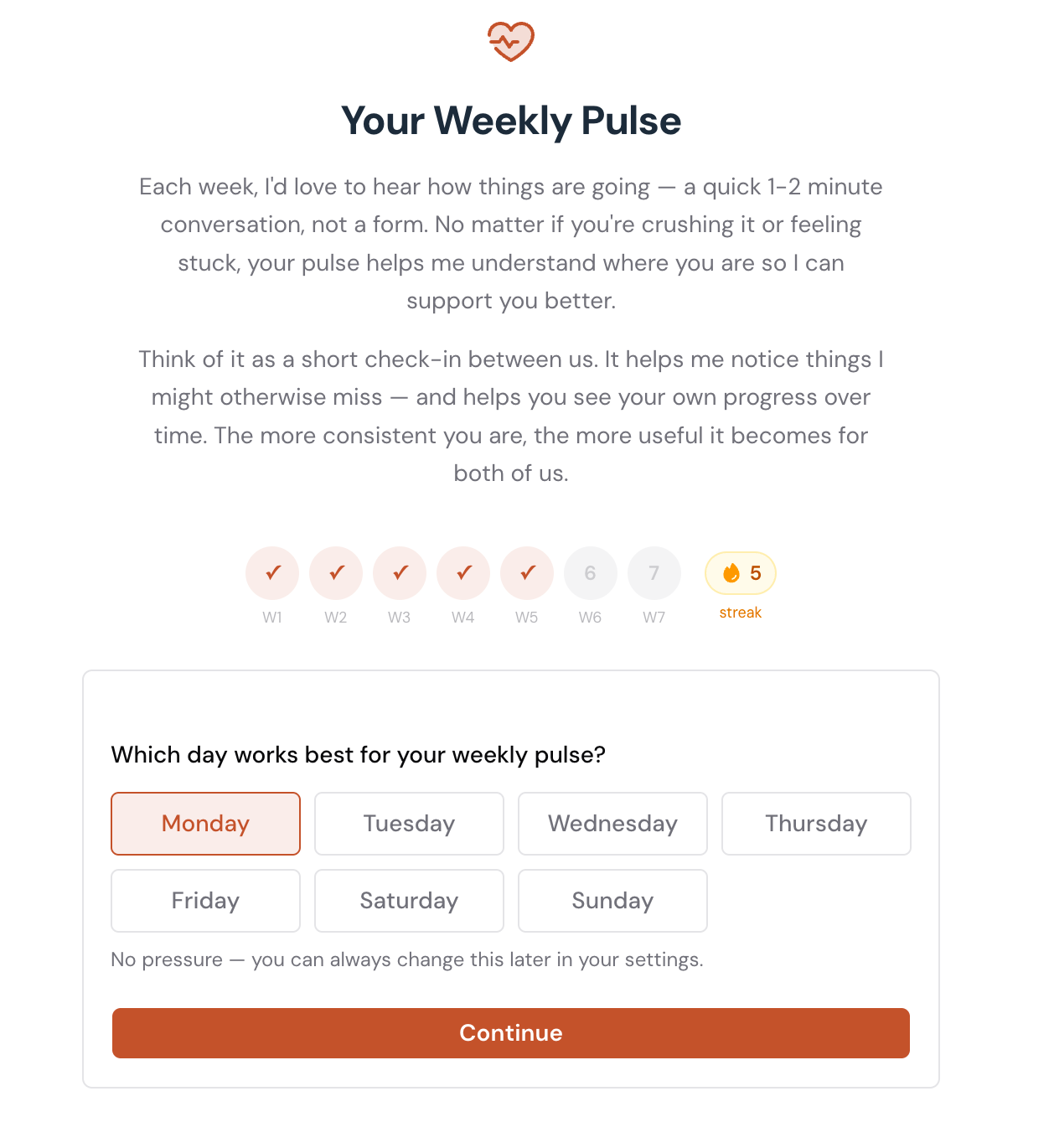 Client Flow Score weekly check-in tracking momentum over time